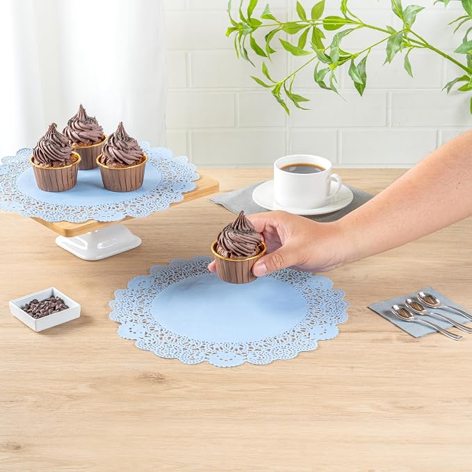 Restaurantware-Pastry Tek 12 x 12 Inch Paper Lace Doilies, 4000 Disposable Table Doilies - Elegant Lace Finish, Long Lasting, Sky Blue Paper Placemat, for Pastries, Cupcakes, Desserts