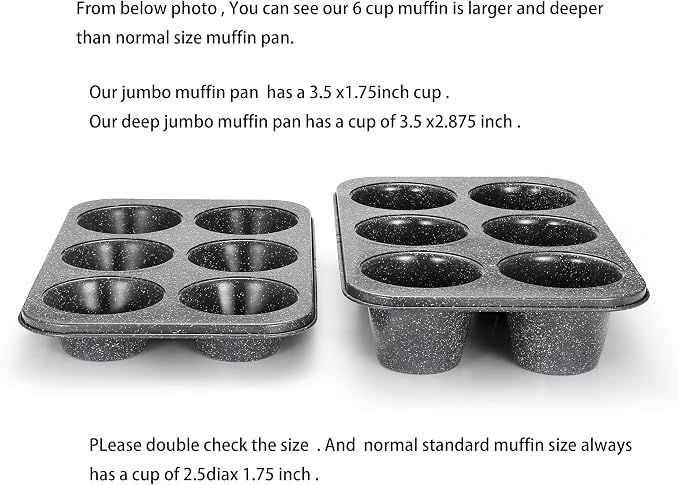 Monfish Jumbo Deep Muffin pan 6 cup large cupcake pan gray granite finish Carbon steel muffin tin 3.5x3inch cup (deep 6 cup)