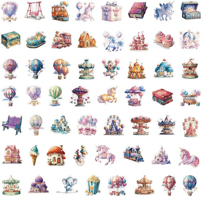 50 pcs Watercolor Carnival Fairytale Amusement Park Clear PET Stickers, Hot Air Balloon Carousel Unicorn Castle Transparent Die-Cut Decals for Journal Scrapbook Planner Kids Party DIY Craft Decor