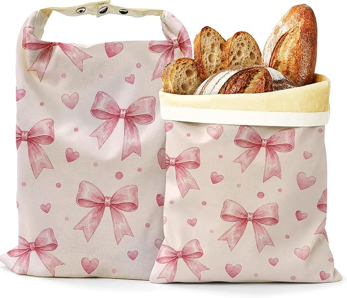 2 Pack Reusable Beeswax Pink Bow Bread Bags, Sourdough Bread Sweet Hearts Storage for Homemade, Freezer Storage Bag to Keep Fresh, Baguette Bag with Beeswax Liner Kitchen Baking