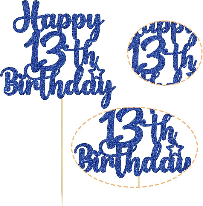 Gyufise 1Pc Happy 13th Birthday Cake Topper Glitter 13 & Fabulous Official Teenager 13 Birthday Cake Pick for Celebrating 13th Birthday Anniversary Party Cake Decorations Supplies Blue