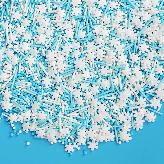 Edible White Snowflake Sprinkles,Blue White Nonpareils Pearls Jimmies Mix Sugar Sprinkle,130g,light Blue Sprinkle Snow Candy for Cake Decorating,Holiday Cake Decorations,Dessert,Cupcakes,Donuts,Cookies,Ice cream Toppers,Birthday Party,Mother's Day,Wint...