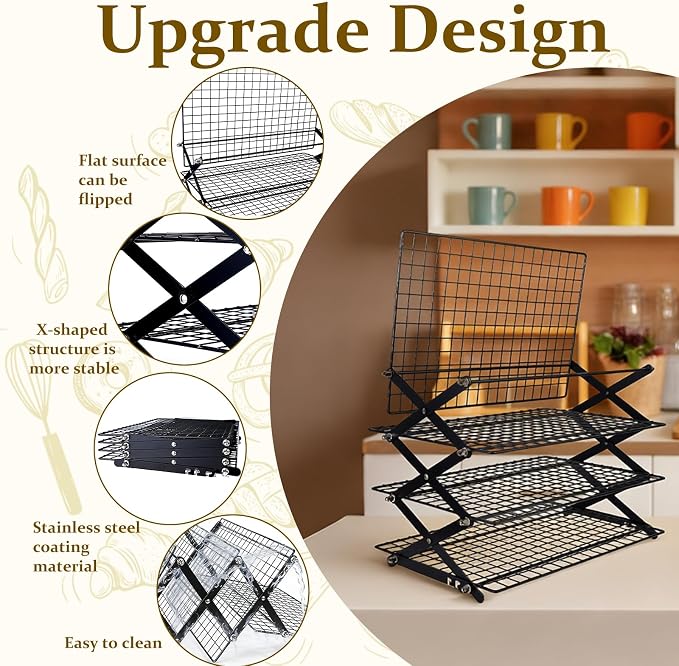 4 Tier Collapsible Cooling Rack, Adjustable Stackable Stainless Steel Baking Rack with Leak-Proof Mesh & X-Shaped Structure, Dishwasher Safe for Cookies, Bread, Pastries