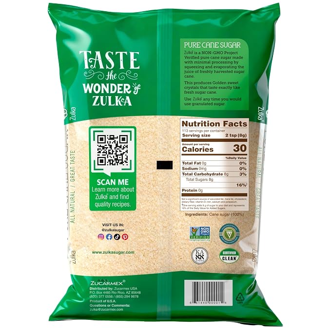 Zulka Pure Cane Sugar, 2 Lb - All-Natural, Non-GMO, Certified Vegan, Bone-Char Free & Kosher Pareve