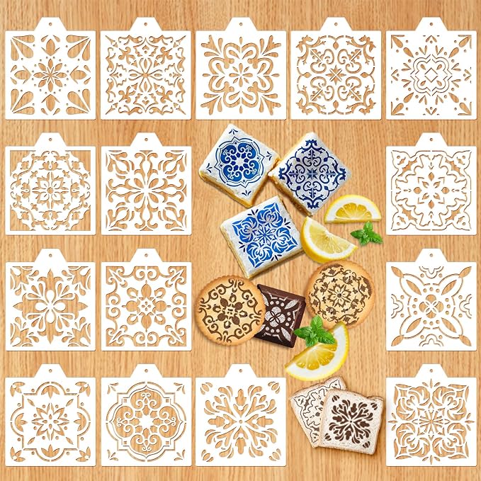 Whaline 15 Pcs Floral Tile Cookie Stencils Chinoiserie Toile Tiles Airbrush Painting Stencils with Bead Chain Decor Biscuit Coffee Cake Baking Reusable Templates for DIY Crafts Birthday Party