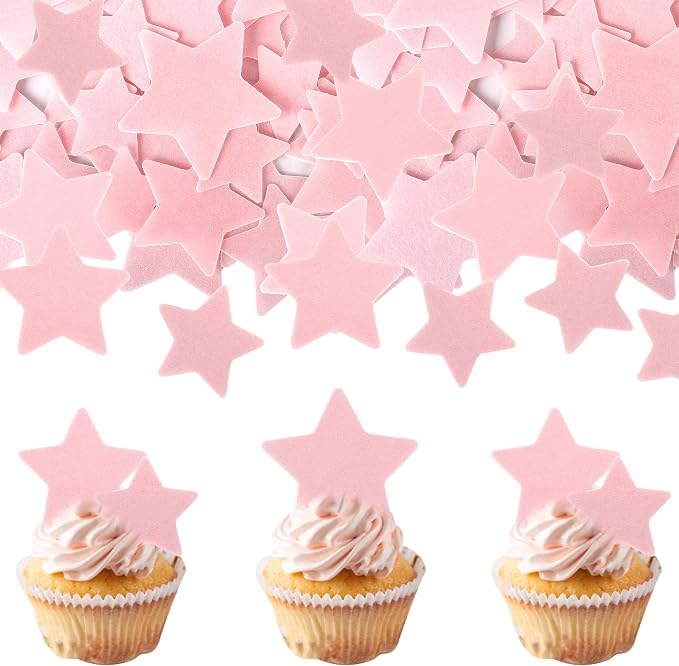 60 PCS Edible Star Cupcake Toppers Edible Stars for Cake Decorating Twinkle Star Cupcake Picks for Wedding Engagement Bridal Shower Birthday Baby Shower Party Cake Decorations Supplies Light Pink