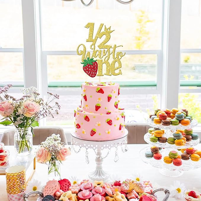1 PCS Strawberry Half Way to One Cake Topper Glitter Happy 6 Months Birthday Cake Pick 1/2 Berry Sweet Half Birthday Cake Decoration for Strawberry Theme Baby 6 months Birthday Party Supplies Gold