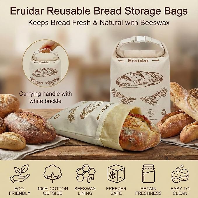 Beeswax Bread Bags for Sourdough & Homemade Bread (2 Pack), XL 13"x17" Large Reusable Cotton & Linen Bread Bag, Keep Loaves Fresh Longer, Natural & Easy to Clean(Rustic Bread Print)