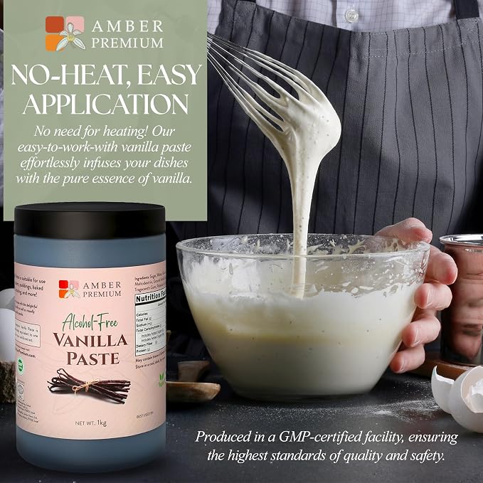 Amber Premium Alcohol Free Vanilla Bean Paste 1 kg / 27 fl oz (US) - Made with Authentic Madagascar Vanilla Beans - Vegan, Kosher, Chef Recommended for Baking, Desserts, and Pastries