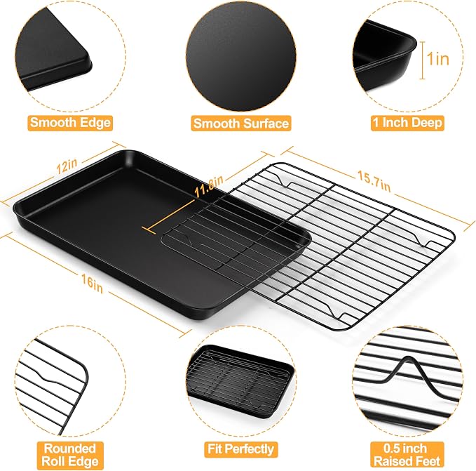 E-far Nonstick Baking Sheet with Rack Set, 16 x 12 x 1 Inch Cookie Sheet Baking Pans with Cooling Racks, Warp Resistant & Heavy-Duty, Non-Toxic & Easy Clean (2 Pans + 2 Racks)