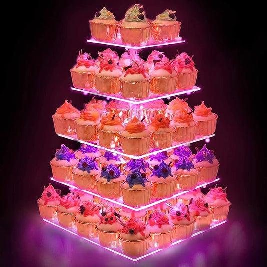 YestBuy Cupcake Stand with Pink Lights – 5 Tier Premium Cupcake Holder – Acrylic Cupcake Tower Display Stand – Cady Bar Party Décor –Acrylic Display for Pastry + LED Light String – Ideal for Weddings, Birthday (Pink)