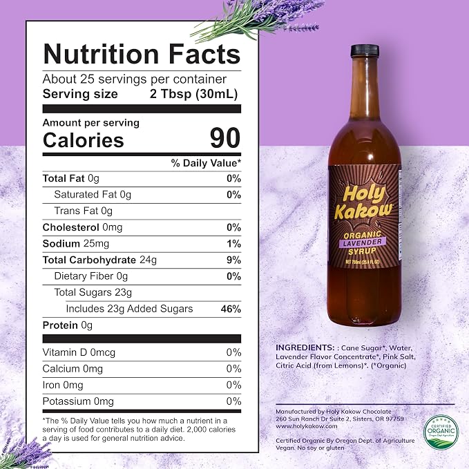 Holy Kakow Cafe Organic Lavender Syrup - Lavender Coffee Syrup, Organic Syrup for Coffee, Latte, Cocktail and Shake, Real Food Ingredients - 750ml