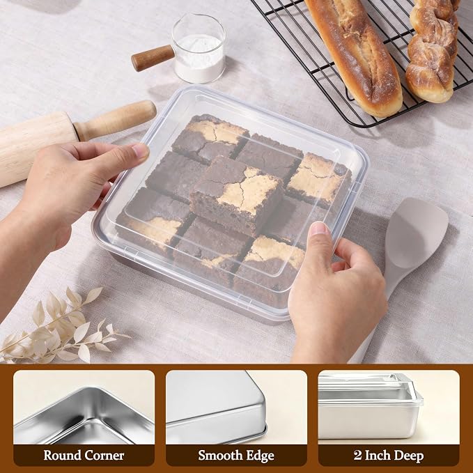 LIANYU 8 Inch Square Cake Pan with Lid, 8 x 8 Stainless Steel Lasagna Brownie Baking Pan, Non-Toxic Baking Dish for Oven Cooking Roasting, Even Heating & Dishwasher Safe (1 Pan +1 Lid)