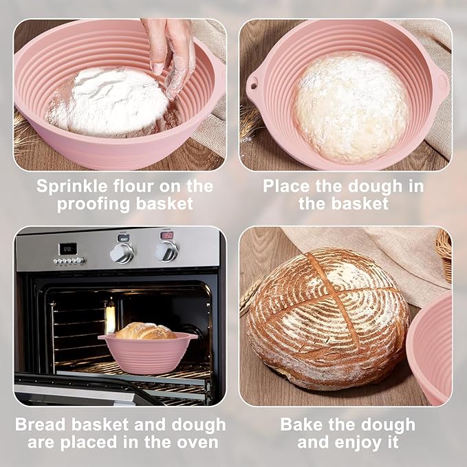 Upgraded 4 Pack Silicone Banneton Bread Proofing Basket, Reinforced Rim Support & Dual Handles, 9" Collapsible Non-Stick Round Dough Proofing Bowl, Oven & Dishwasher Safe, BPA Free