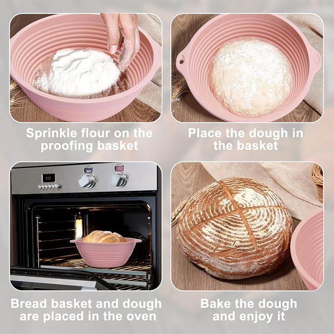 Upgraded 2 Pack Silicone Banneton Bread Proofing Baskets for Sourdough, Reinforced Rim Support & Dual Handles, 9" Foldable Proofing & Baking Bowls, Oven & Dishwasher Safe, BPA-Free (Green+Pink)