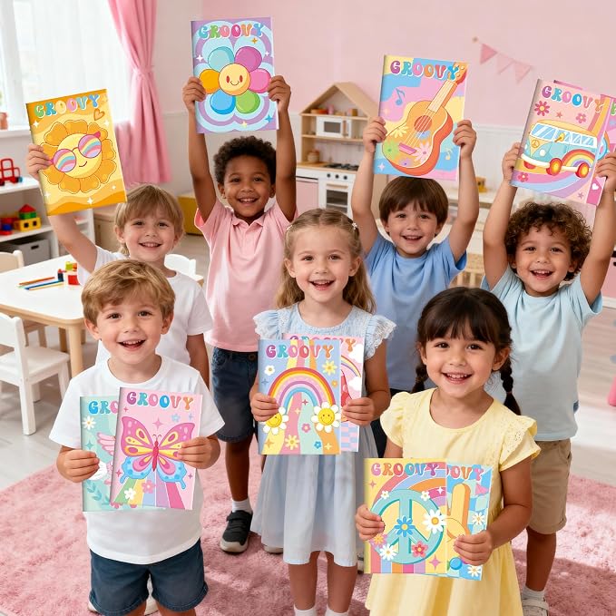 BenLouis 12 Hippie Boho Mini Coloring Books Kids with 12 Stacking Crayons Retro Daisy Party Favors Small Activity Books Bulk for Kids Two Groovy Party Gift Goodie Bag Stuffers