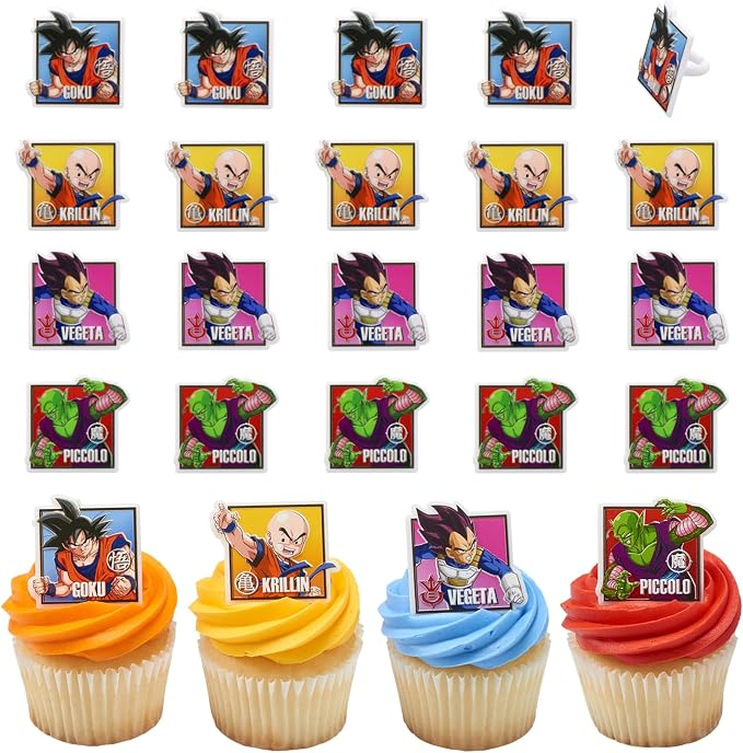 24 Dragon Ball Z Cupcake Rings | DecoPac Cupcake Toppers Featuring Goku, Vegeta, Krillin, Piccolo | Food Safe Square Decorations - 24 Pack