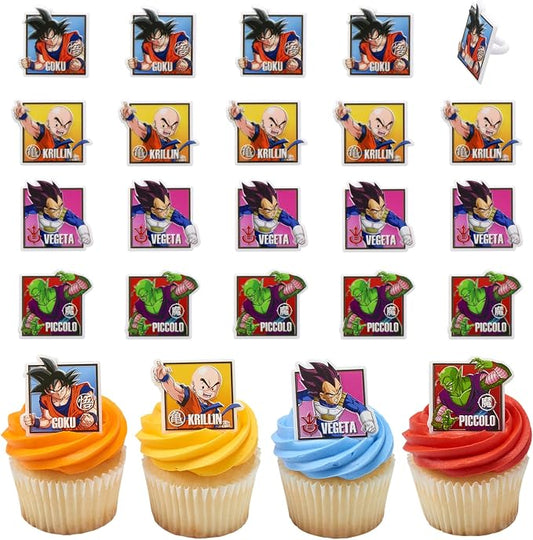 24 Dragon Ball Z Cupcake Rings | DecoPac Cupcake Toppers Featuring Goku, Vegeta, Krillin, Piccolo | Food Safe Square Decorations - 24 Pack