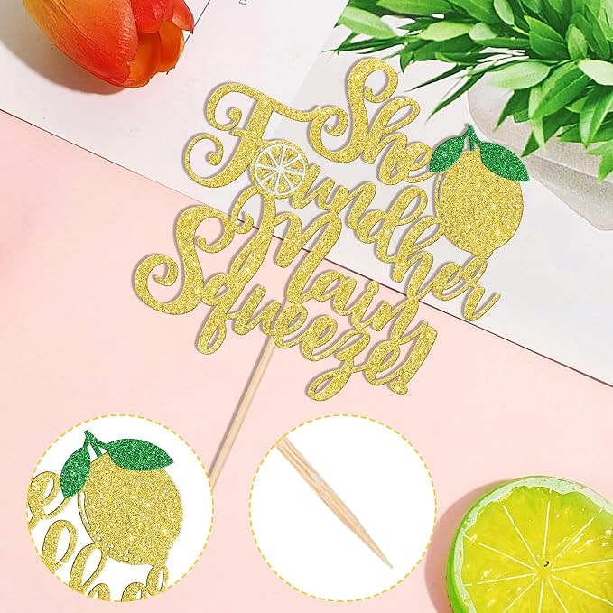 1 PCS She Found Her Main Squeeze Cake Topper Glitter Fruit Lemon Bridal Shower Cake Pick Decoration for Lemon Theme Wedding Engagement Bridal Shower Bachelorette Party Cake Decorations Supplies