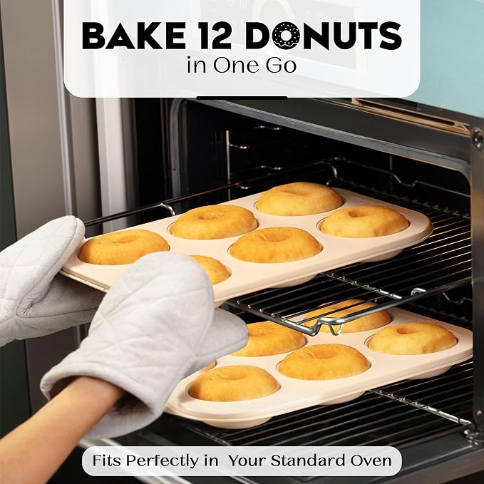 Donut Pan for Baking - Set of 2 Non-stick Donut Pans - Carbon Steel Doughnut Pan - 6 Cavity Full-Sized Donut Molds for Baking - Trendy Beige Donut Baking Pan