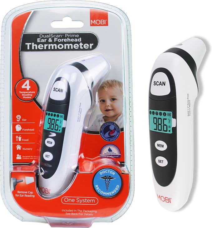 MOBI DualScan Prime Ear & Forehead Thermometer for Baby, Kids & Adults, Digital Infrared, Food & Bottle & Room Mode, 1‑Second Reading, Memory Recall