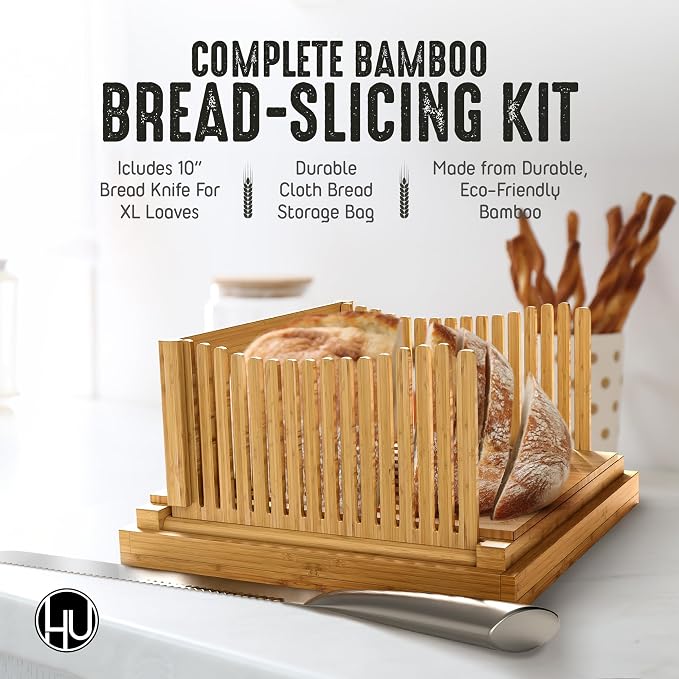 LHU Bamboo Wooden Bread Slicer for Homemade Bread Kit with Adjustable Slicer Guide, 12-Inch Bread Knife and Bread Bag- Rubber Base Grips - Sourdough Bread Cutter, Round Bread Loaf Slicer