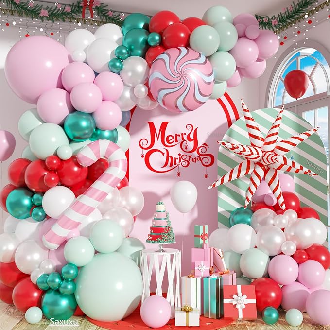 Christmas Balloon Arch, Pink Green Balloon Arch Kit, Pink White Green Red Balloons Candy Foil Star Sweet Canes Balloons For Christmas Theme Birthday Baby Shower Party Wedding Holiday Celebrations
