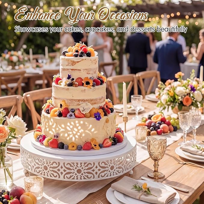 Wenqik 14 Inch Cake Stand, Metal Round Cake Stands Set with Modern Design White Dessert Display Cupcake Stands Plates Fruit Serving Tray for Wedding Birthday Baby Shower Party (White)