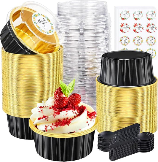 60Pcs Mini Cake Pans with Lids Aluminum Foil, ZOXILEN 5oz Disposable Mini Loaf pans with Lids Spoons, Round Small Baking Cups Pie Tins Cheesecake Containers for Party Black Gold
