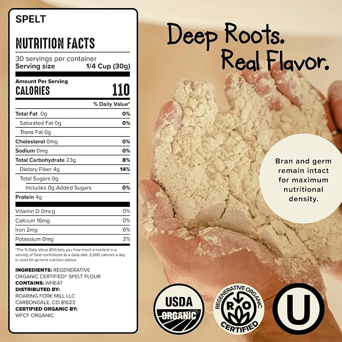 Roaring Fork Mill Spelt 00 Flour - USDA Organic & Regenerative Organic Certified Ancient Grain Spelt Flour, Stone-Milled for Bread, Baking & Pastries