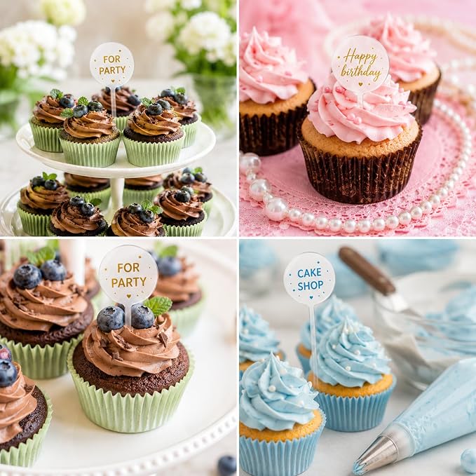 24 Pieces 2 Inch Round Clear Acrylic Cupcake Toppers Sticks, Blank DIY Cake Stick Toppers for Birthday Wedding Baby Shower Party Decoration