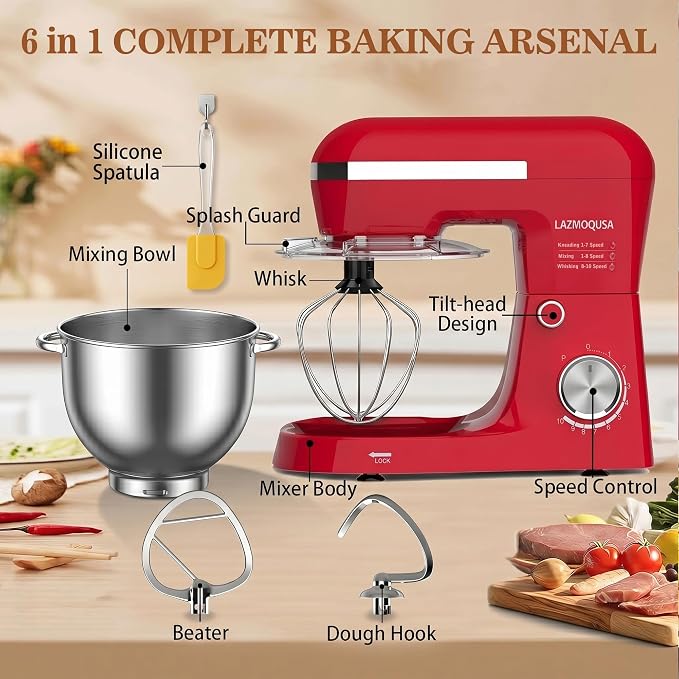 6in1 Stand Mixer with 6.5 Quart Bowl, 660W 10+p Speeds Kitchen Food Mixer Tilt-Head Bread Dough and Cake Mixers for Home Daily Use (Red)