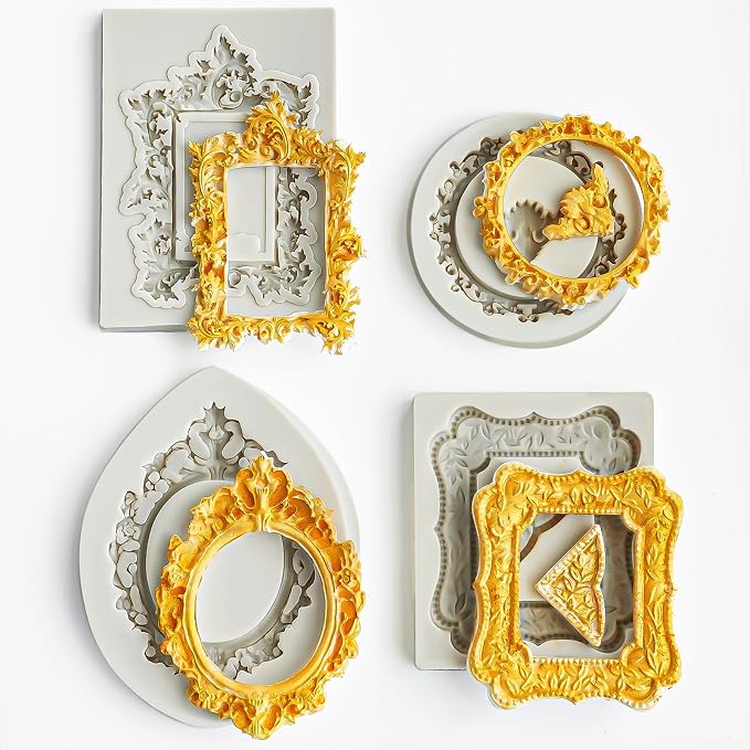 HKNMTT Picture Frame Molds Silicone Baroque Vintage for Fondant Candy Clay Covered Oreo Cake Photo Decorating Cupcake Toppers, 4 Shaped Round Square Frame Moulds Craft DIY Supplies Set