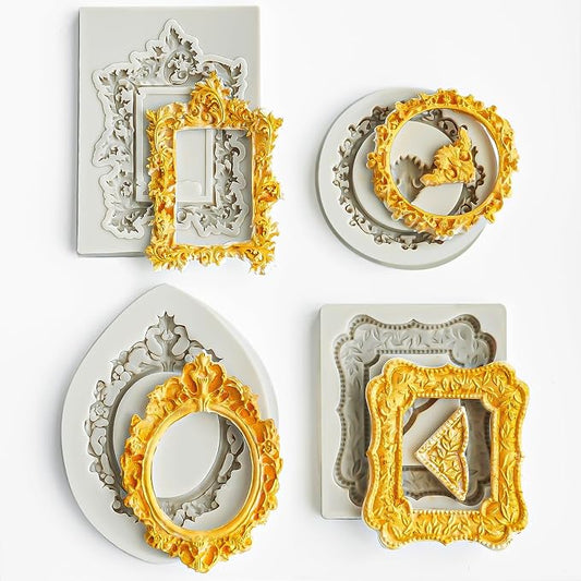 HKNMTT Picture Frame Molds Silicone Baroque Vintage for Fondant Candy Clay Covered Oreo Cake Photo Decorating Cupcake Toppers, 4 Shaped Round Square Frame Moulds Craft DIY Supplies Set