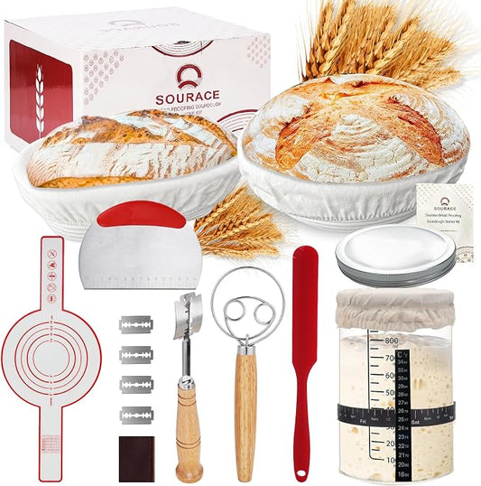 Complete Sourdough Starter Kit,10 Inch Round & 9 Inch Oval Banneton Sourdough Bread Baking Supplies With Sourdough Starter Jar, Sour dough Starter Kits for Women, Men, and Bread Bakers