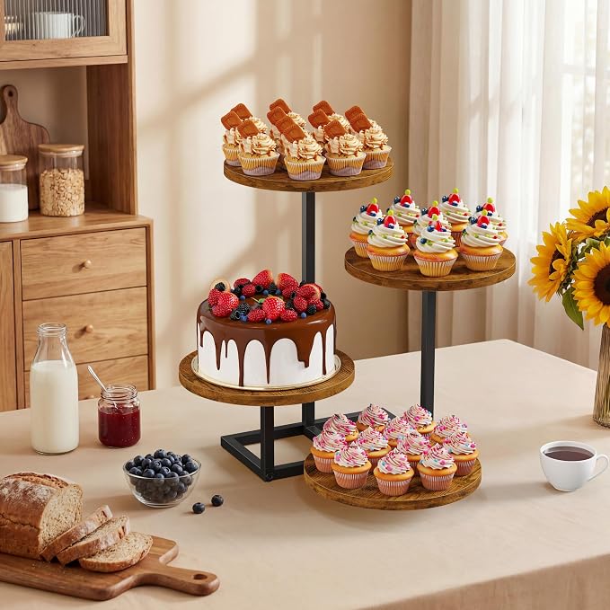 Emfogo 4 Tier Cupcake Stand for 50 Cupcakes, Wooden Round Cupcake Tower Stand, Dessert Display for Wedding Birthday Party Afternoon Tea Rustic Tiered Tray for Cake Cookies Food (1-Pack)