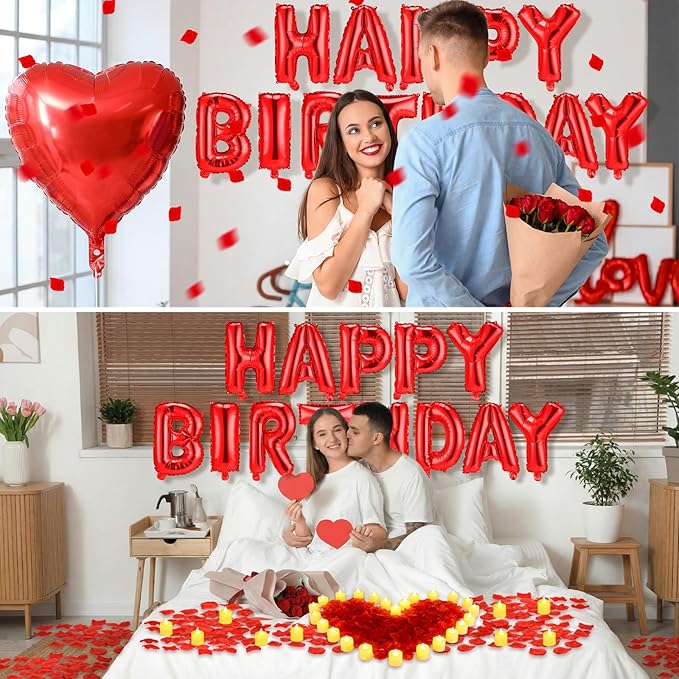 Red Happy Birthday Balloons Decorations Happy Birthday Letter Balloons Banner Set with 24pcs Round Flameless LED Candles and 2000pcs Artificial Rose Petals for Women Men Room Party Decor