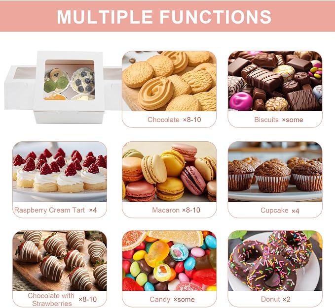 OAMCEG 50 PCS Cupcake Boxes with Window, 6x6x3 Inch Cookie Boxes, Bakery Treat Boxes for Pastry, Dessert, Chocolate Strawberries, Cupcake Containers, Gift Giving with Stickers & Twine（White）