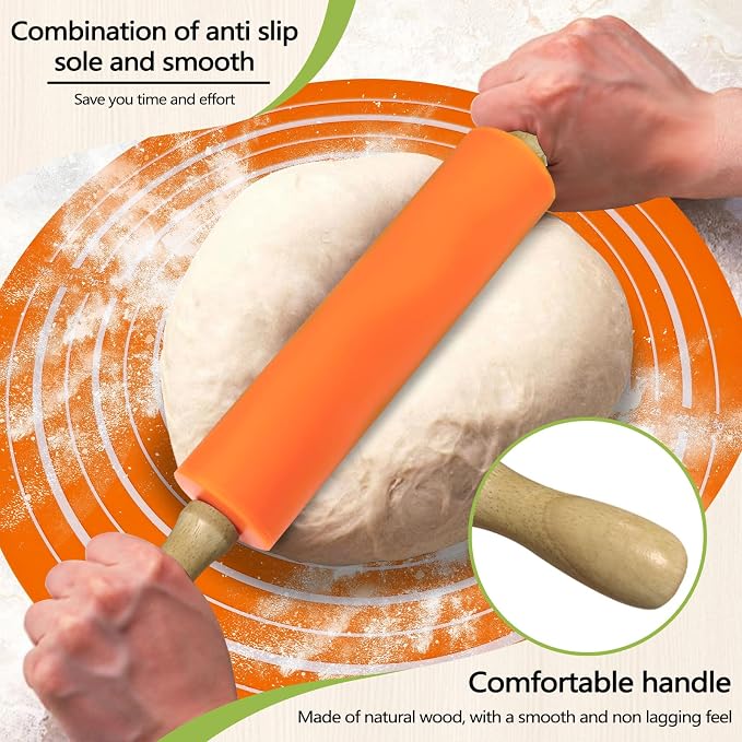 Silicone Rolling Pin Backing Mat Set, 13" Dough Roller with Non Stick Pastry Sheet, Small Fondant Roller Round Kneading Mat for Bread Cookie Pie Pizza Sourdough Kitchen (Orange)