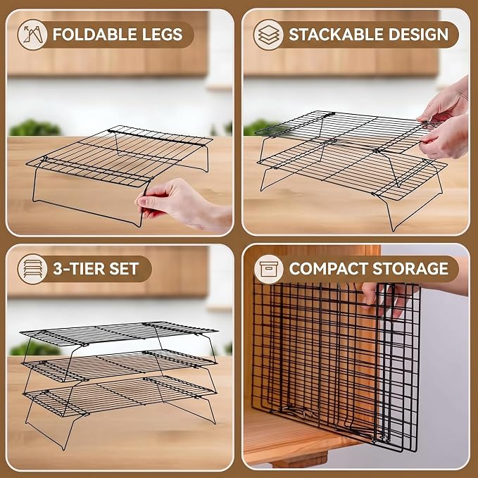 Antenat 3-Tier Stackable Cooling Rack – 15.8"x10" Heavy Duty with Legs,Collapsible & Stackable For batch cooling cookies,Cake, Pizza, Bread, Sourdough, Oven & Dishwasher Safe