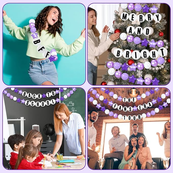 Simgoing 103 Pcs DIY Giant Friendship Bracelet Lei Kit Extra Large Beads Garland Jumbo Birthday Friendship Banner Kit Famous Singer Customizable Party Decor for Classroom(Purple White)