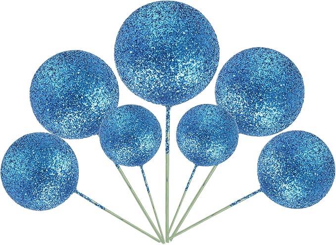 24 PCS Ball Cake Toppers Glitter Balls Cupcake Toppers Foam Ball Shaped Cake Picks DIY Balloons Cake Insert Topper for Wedding Enagement Baby Shower Birthday Party Cake Decorations Supplies Blue