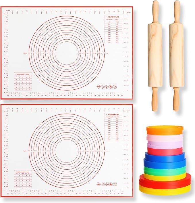 Qinyoung 20 Pcs Rolling Pin Set Include 2 Classic Wood Dough Rollers 16 Adjustable Thickness Guide Rings 2 Pastry Mats Non slip Silicone Baking Essentials for Fondant Pasta Bread Pizza Pies Cookies