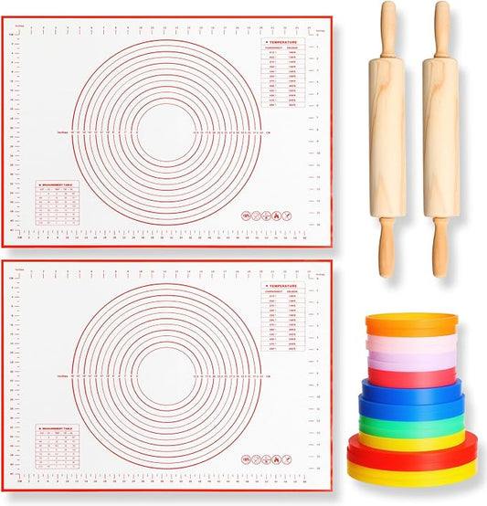 Qinyoung 20 Pcs Rolling Pin Set Include 2 Classic Wood Dough Rollers 16 Adjustable Thickness Guide Rings 2 Pastry Mats Non slip Silicone Baking Essentials for Fondant Pasta Bread Pizza Pies Cookies