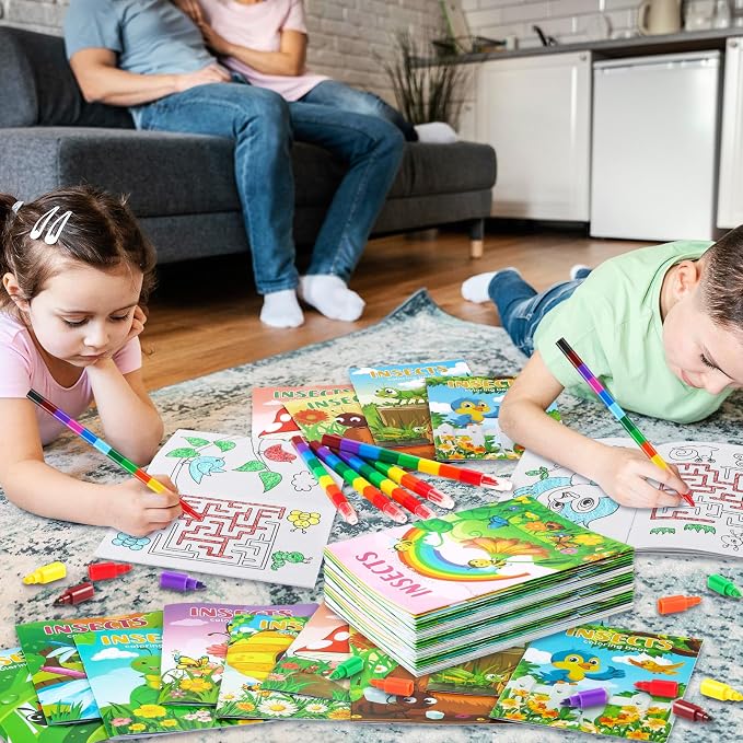 BenLouis 12 Insects Mini Coloring Books Kids with 12 Stacking Crayons Spring Bugs Party Favors Small Activity Books Bulk for Kids Butterfly Bee Party Gift Goodie Bag Stuffers