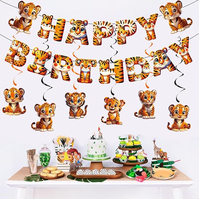Zwiebeco Tiger Happy Birthday Party Decoration Banner Bunting Garland Hanging Paper Swirls Kit for Safari Wild One Woodland Jungle Theme Baby Shower Accessories Supplies