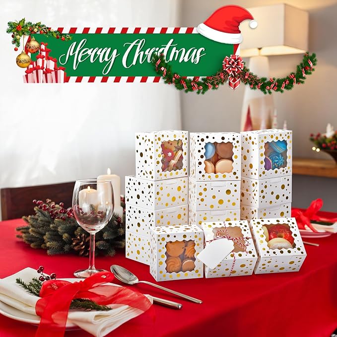 32Pcs 4x4x2.5 in Christmas Cookie Boxes with Window, White Bakery Boxes for Cookie, Treat Boxes Pastry Boxes for Gift Giving, Chocolate Covered Strawberries, Dessert, Donut, Cupcakes Muffins