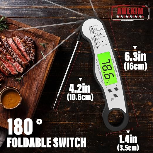 AWLKIM Digital Meat Thermometer, Instant Read Thermometer, Black | Grill, BBQ, candy and baking thermometer with backlit display, foldable probe and magnetic storage.