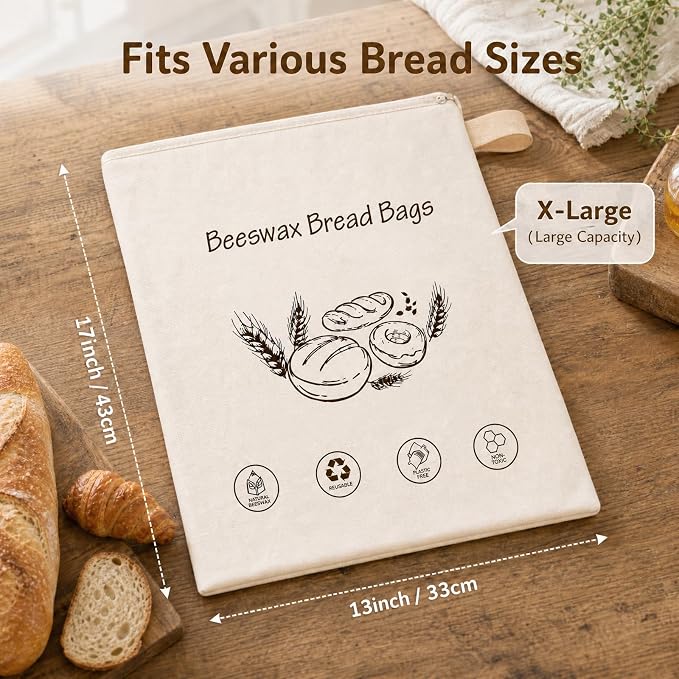 Beeswax Bread Bags for Sourdough – 2 Pack XL 13x17 Reusable Bread Storage Bag with Wide Zipper Seal, Keeps Bread Fresh Longer, Odor Resistant, Freezer Safe Cotton Linen Eco Friendly Bag
