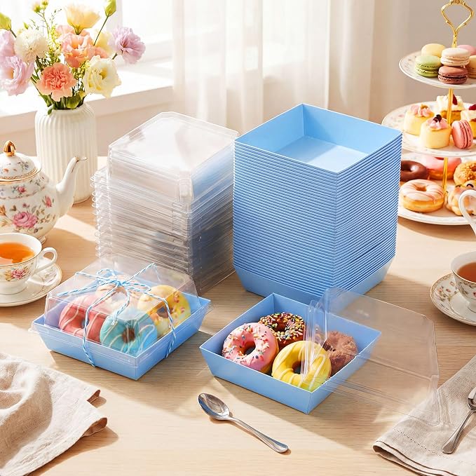 Jetec 50 Pack Charcuterie Boxes with Clear Lids and Rope 4 Inches Cake Disposable Square Dessert Food Box Containers with Lids for Bakery Macaron Cookies Strawberries Fruits Display (Blue)